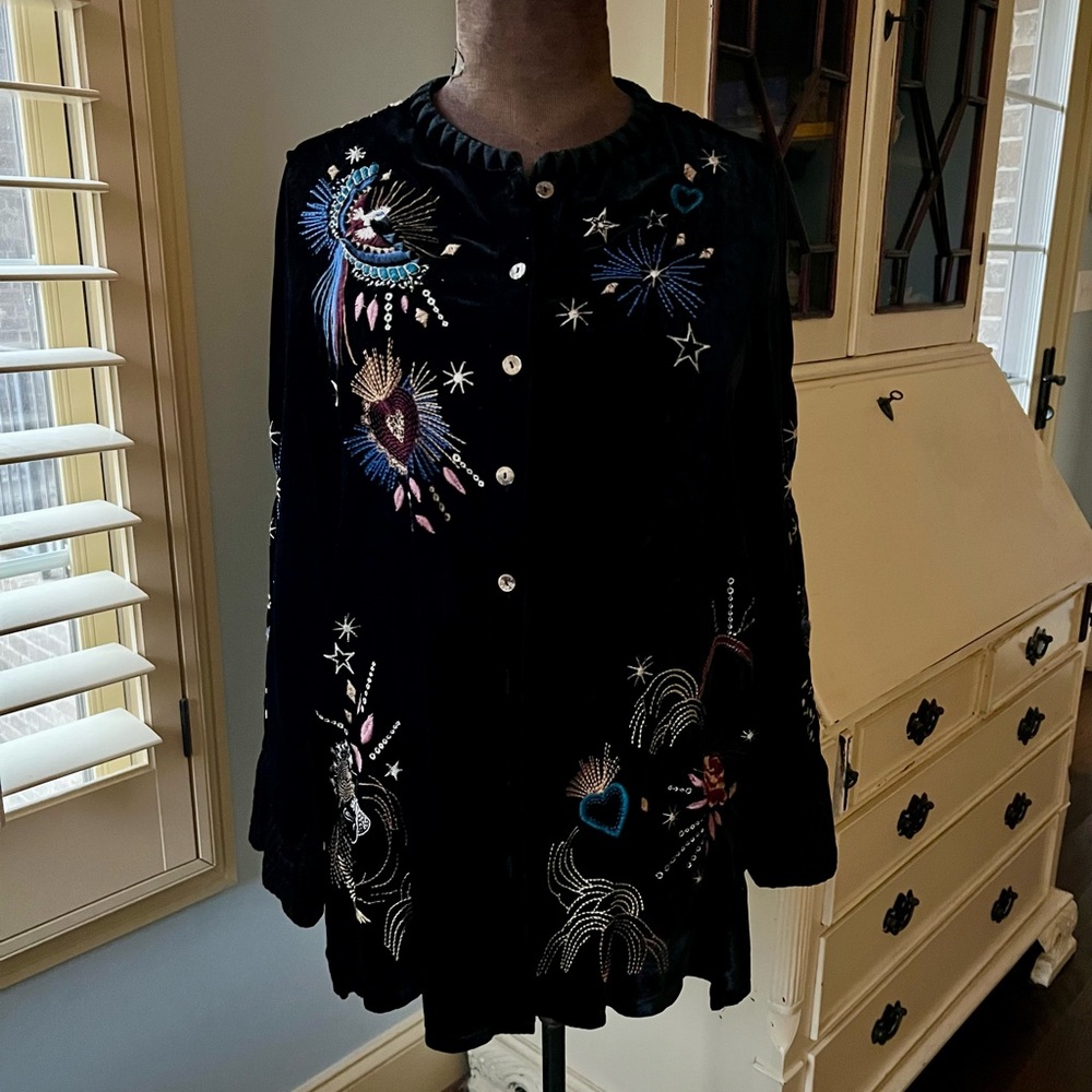 Johnny Was Eden Voyager Silk Velvet Black Button-Up Tunic Jacket